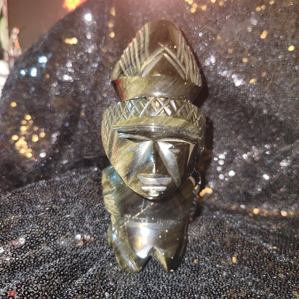 Black Obsidian Gold Sheen Hand Carved Aztec Mayan Idol *Chipped back